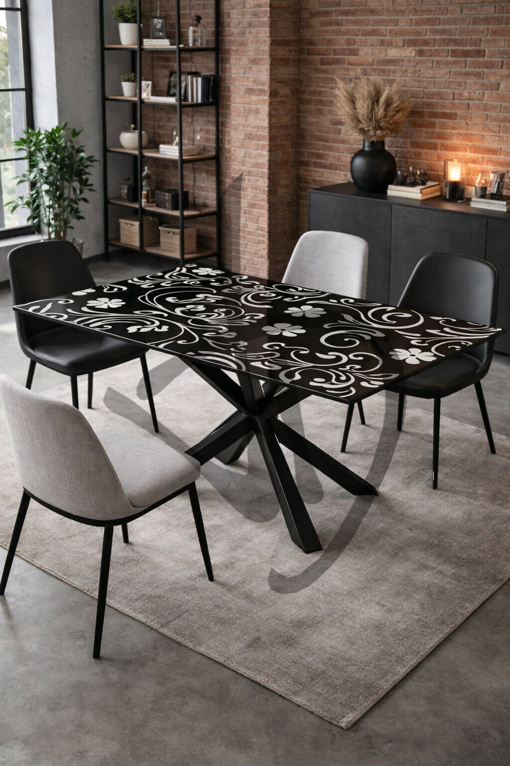 Tavolo in vetro con decoro vintage e struttura in ferro 1 - Tische und Schreibtische aus Glas