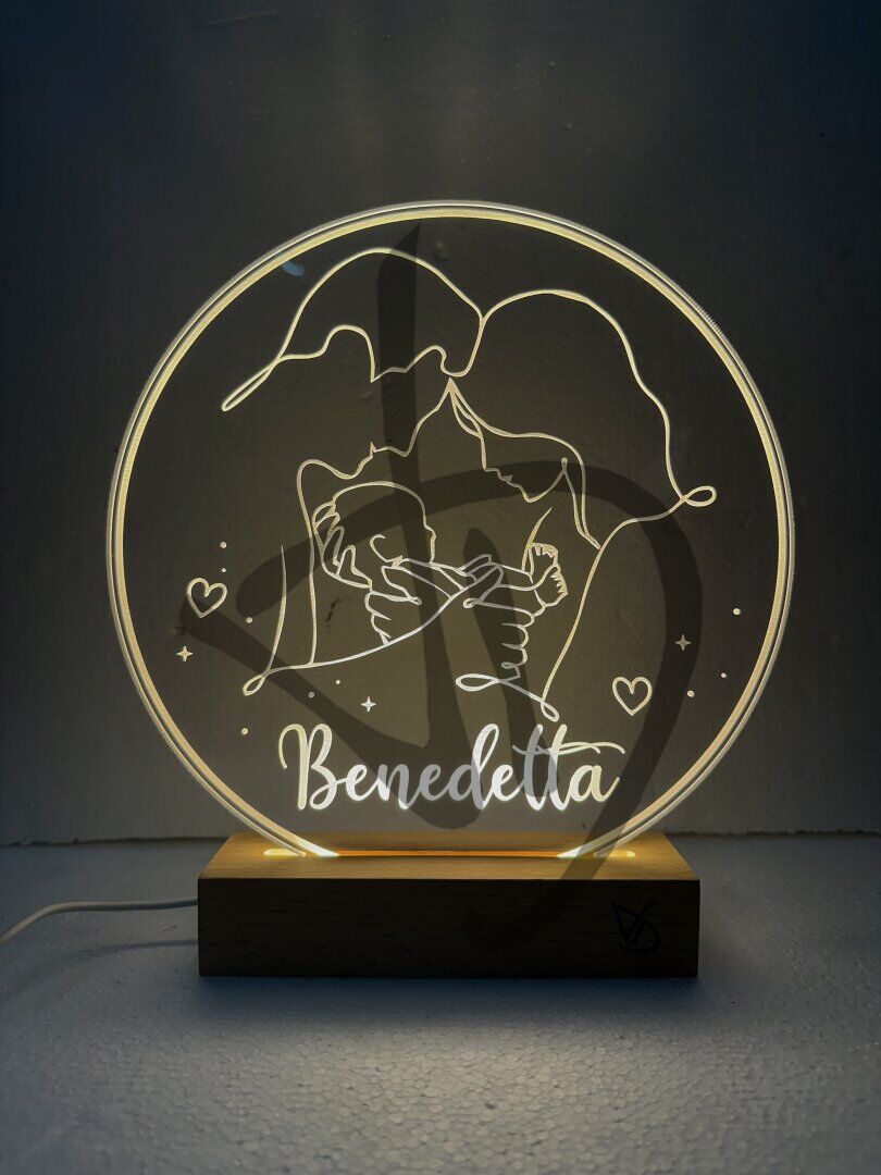 Acryl-Plexiglas-Lampen mit Grafiken zur Geburt mit Holzsockel - Dekorierte Acrylglaslampen mit personalisiertem Holzsockel