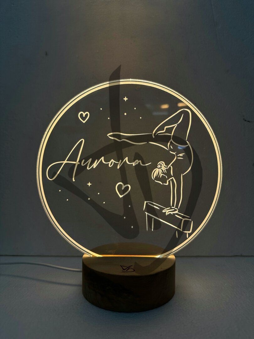 Plexiglas-Acryl-Lampen mit Kunstturngrafiken verziert mit Holzsockel - Dekorierte Acrylglaslampen mit personalisiertem Holzsockel