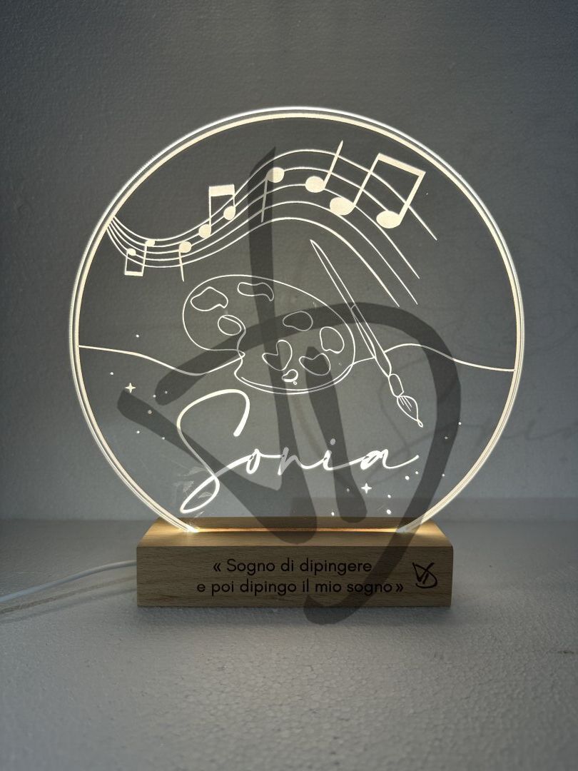 Plexiglas-Acryl-Lampen mit Kunst- und Musikgrafiken verziert mit Holzsockel - Dekorierte Acrylglaslampen mit personalisiertem Holzsockel