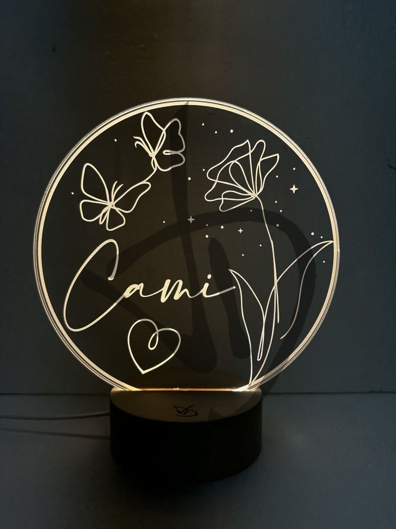 Plexiglas-Acryl-Lampen mit Tulpenblumengrafiken verziert mit Holzsockel - Dekorierte Acrylglaslampen mit personalisiertem Holzsockel