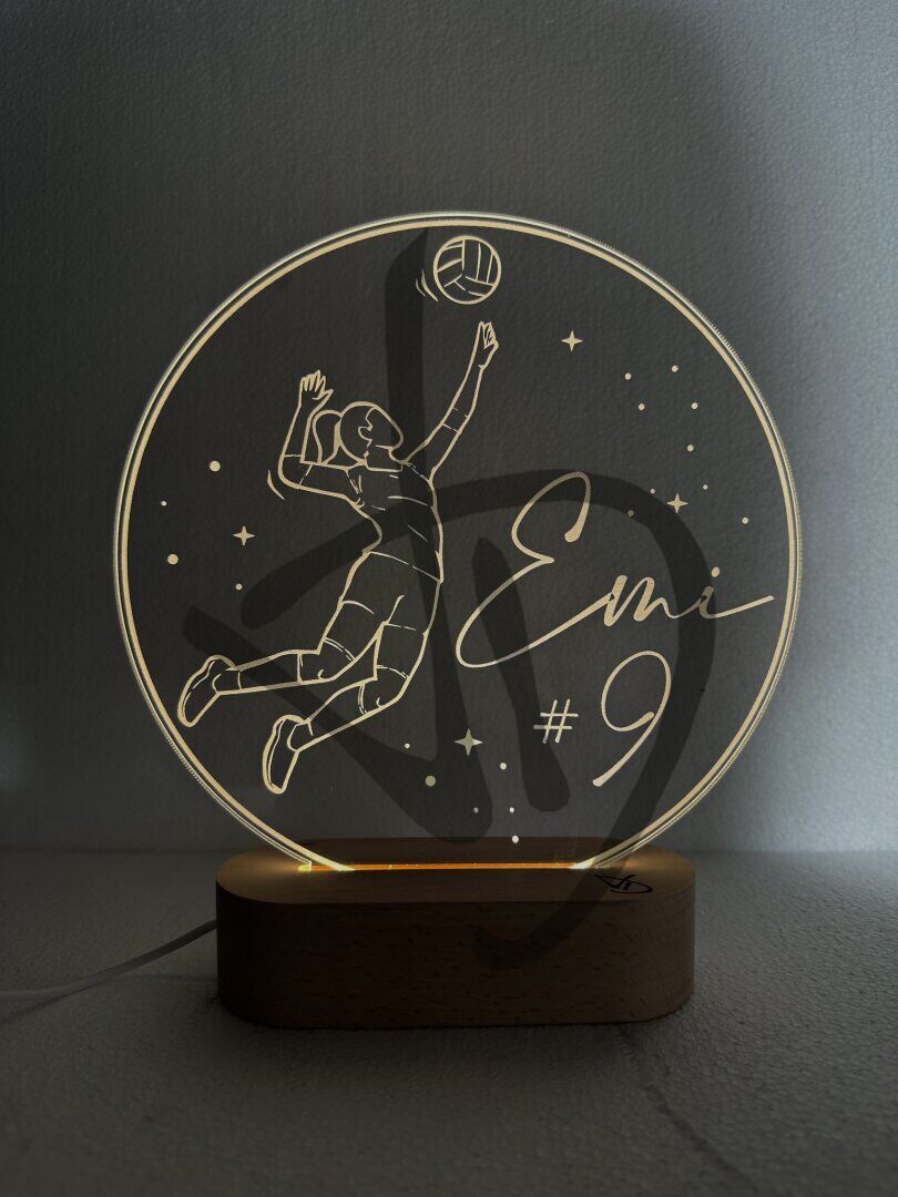 Plexiglas-Acryl-Lampen mit Volleyball-Dunk-Grafiken, Namen und Nummer mit Holzsockel - Dekorierte Acrylglaslampen mit personalisiertem Holzsockel