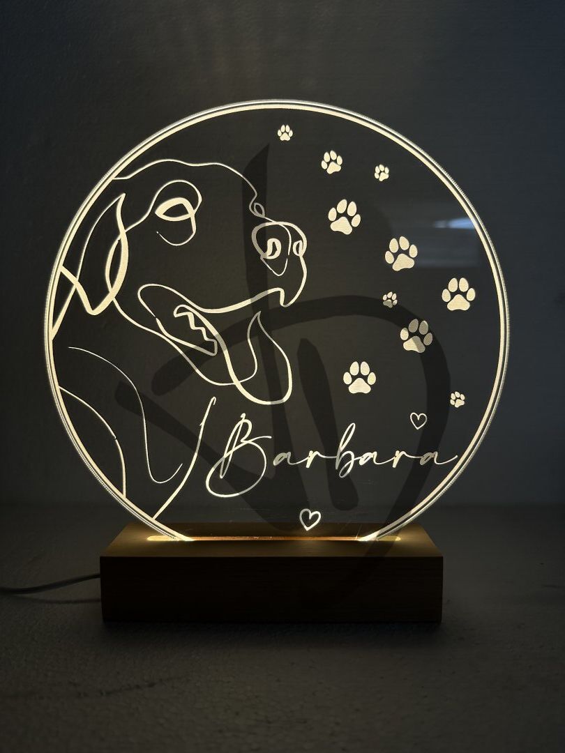 Plexiglas-Acryllampen mit Hundegrafik und Namen verziert mit Holzsockel - Dekorierte Acrylglaslampen mit personalisiertem Holzsockel