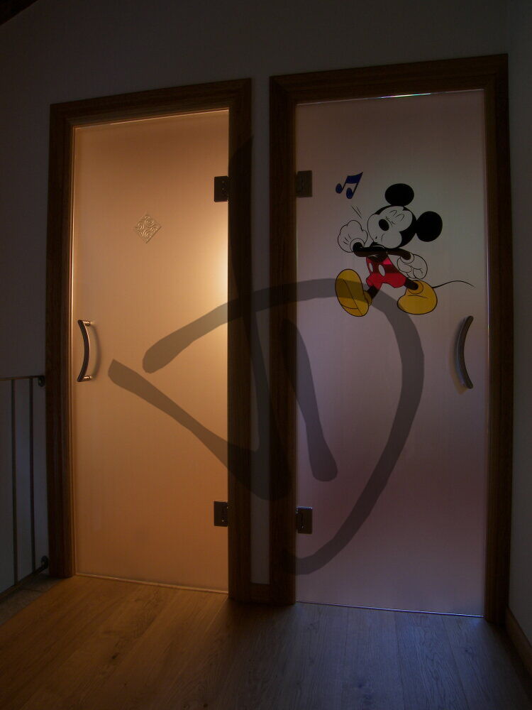 Maßgefertigte Produkte - Maßgefertigte Glastüren - Saloon-Türen - Maßgefertigte satinierte Salonglastür mit Dekoration 